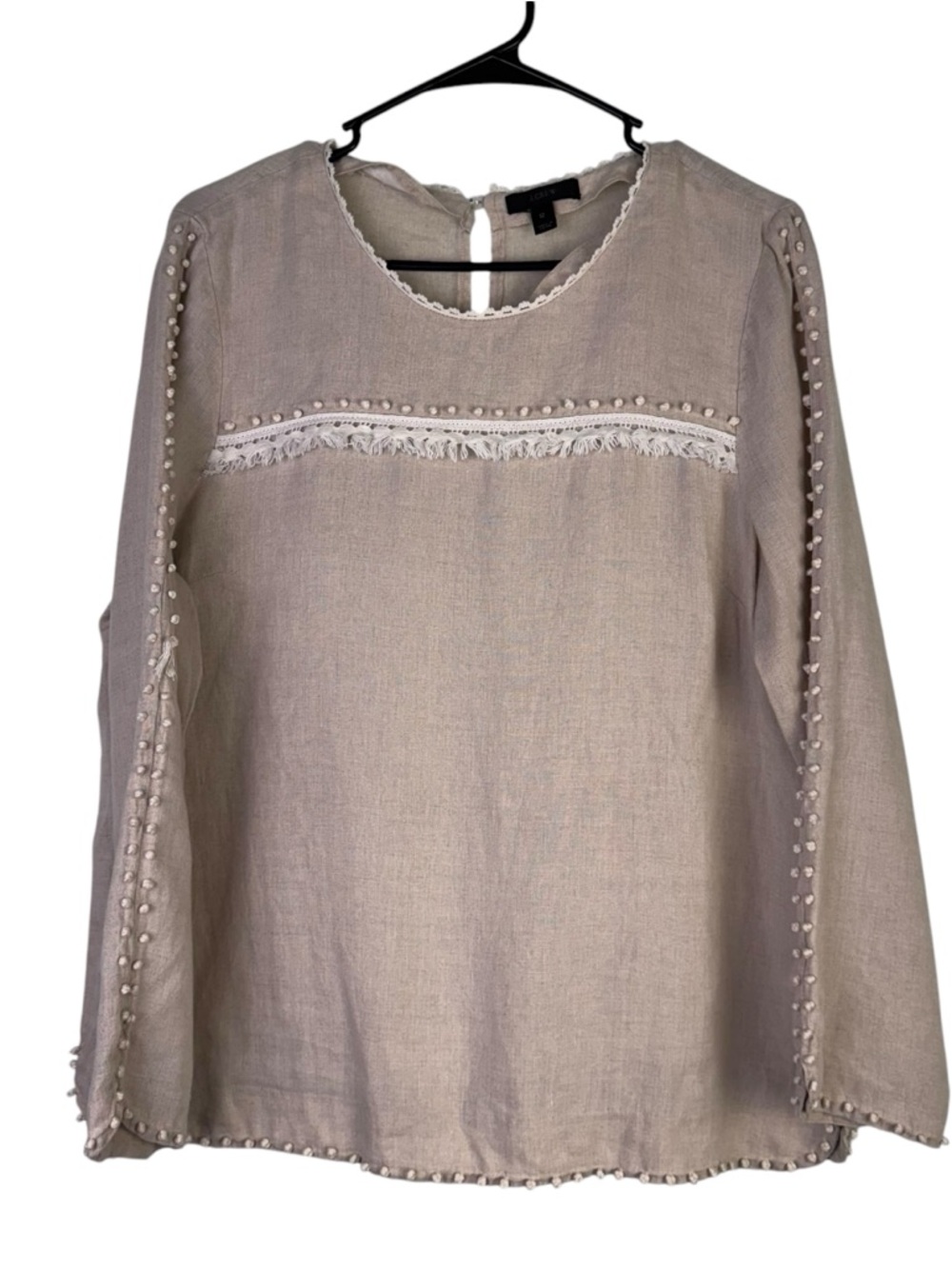 J.Crew 100% Linen Blouse‎ Size 12 Taupe Fringe Trim Lightweight Boho Top